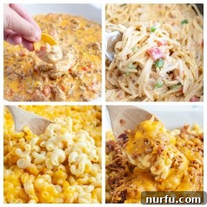 Cheese dip, cheesy spaghetti, and macaroni and cheese.