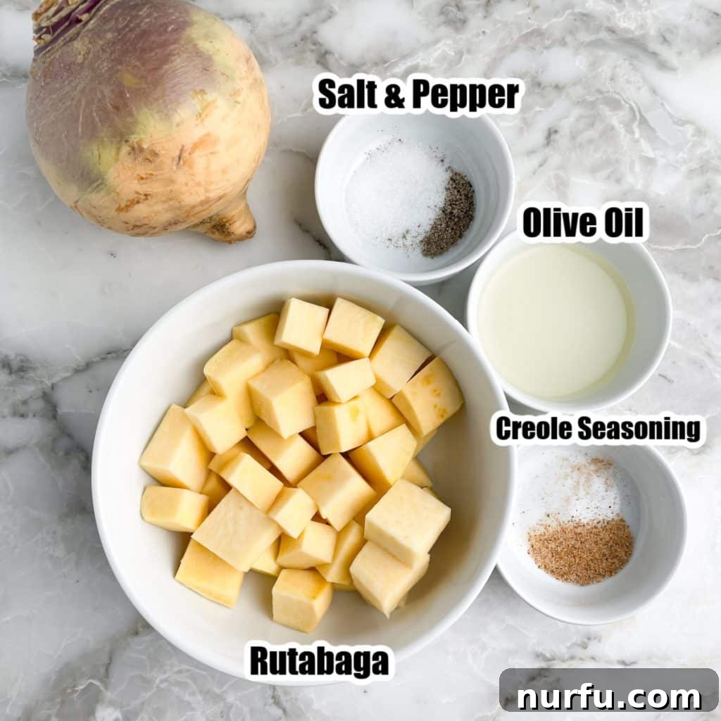 Golden Roasted Rutabaga 3 A vibrant collection of ingredients for roasted rutabaga, featuring a bowl of diced rutabaga, a small dish of olive oil, and various seasonings, ready for preparation.
