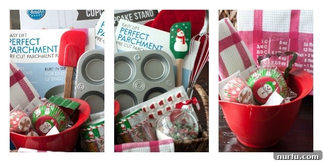 A collage displaying various baking gift basket ideas, showcasing different themes and items for culinary creativity.