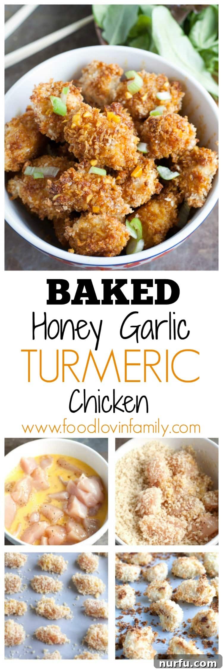 Golden Glazed Honey Garlic Turmeric Chicken 10 A tall, eye-catching Pinterest pin image featuring a bowl of crispy baked honey garlic turmeric chicken bites, enticing viewers to click and discover the recipe.