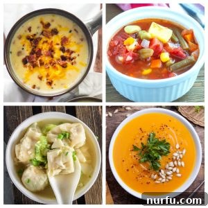 Potato soup, vegetable soup, wonton soup, and pumpkin soup. This image features a delicious and easy tortellini soup recipe, among other comforting favorites.