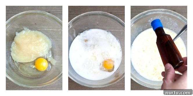 apple cinnamon baked oatmeal cups A collage showing the process of mixing wet ingredients: an egg and applesauce in a bowl, then milk added, and finally vanilla extract stirred in.