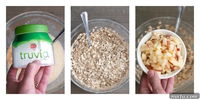 Cozy Apple Cinnamon Baked Oat Bites 2 A collage demonstrating the addition of dry ingredients: a bowl with natural sweetener, oatmeal, cinnamon, baking powder, and diced apples being mixed into the wet ingredients.