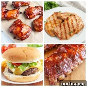 BBQ chicken thighs, grilled pork, hamburger, BBQ ribs.