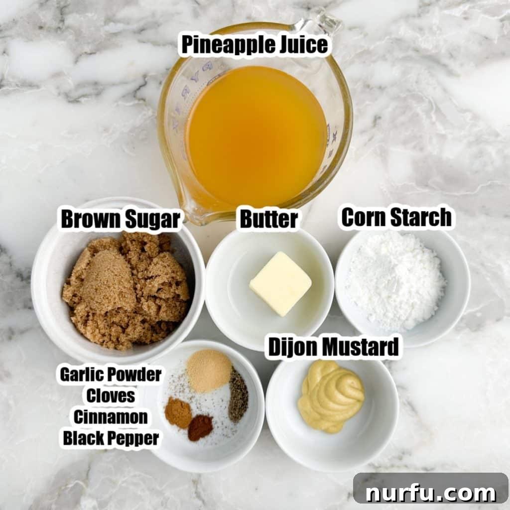 Tropical Pineapple Ham Glaze 3 Individual bowls showing the key ingredients for the pineapple ham glaze: pineapple juice, brown sugar, cornstarch, butter, various seasonings, and Dijon mustard, neatly arranged on a kitchen counter.