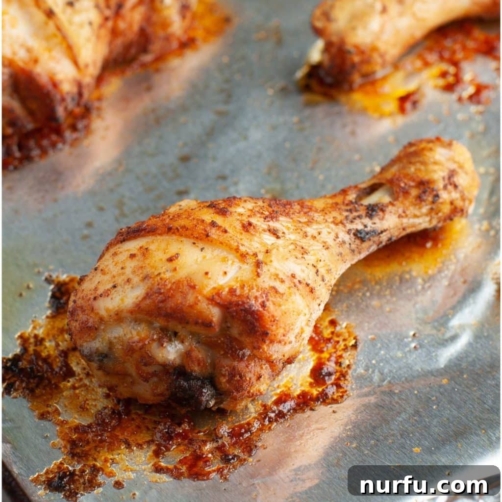 Baked Chicken Drumsticks: The Perfect Cooking Time 6 A perfectly baked chicken leg resting on aluminum foil on a baking sheet, showcasing crispy skin.