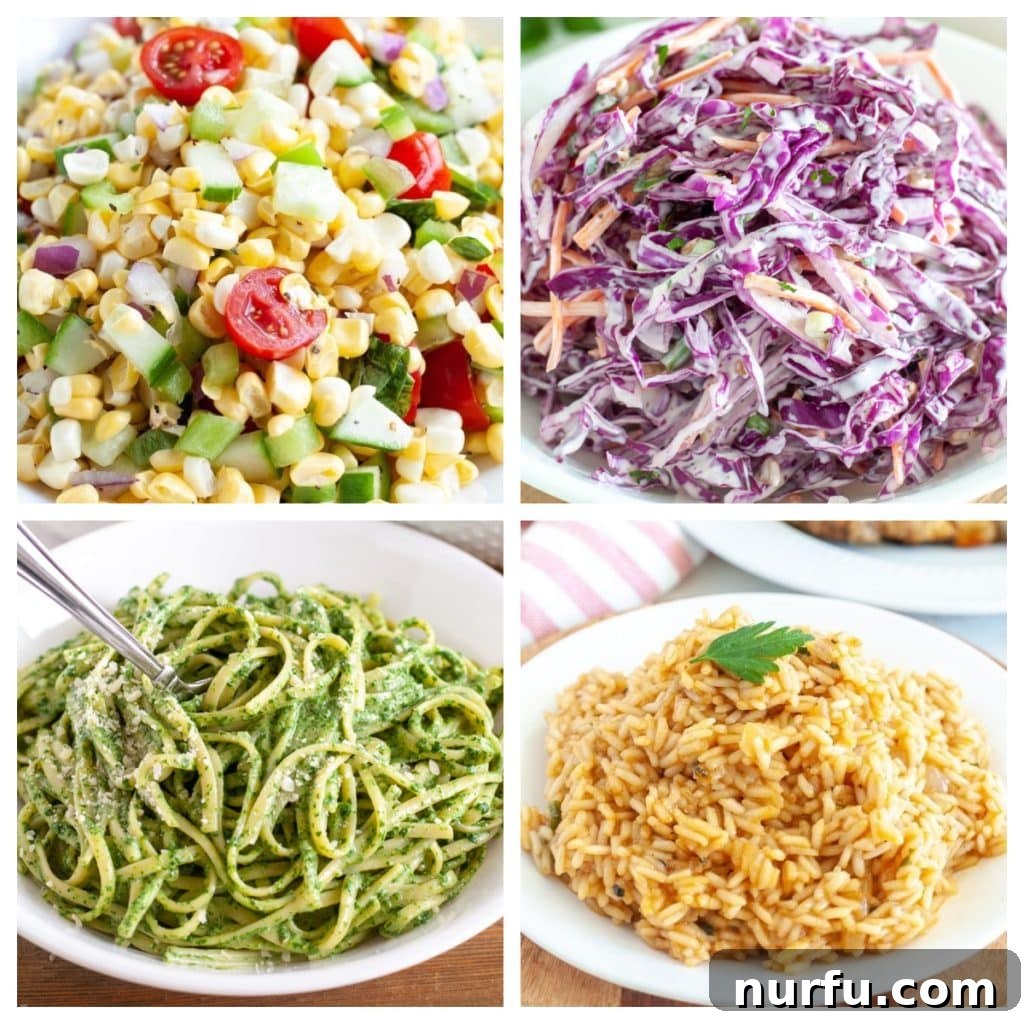 31 Delicious Side Dishes for Salmon 2 A vibrant selection of salmon side dishes including corn salad, purple slaw, green pasta, and fluffy rice.