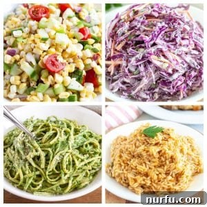 Corn salad, purple slaw, green pasta, and rice.