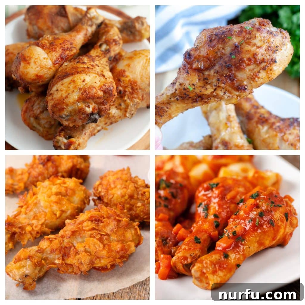 27 Mouthwatering Chicken Leg Recipes 2 A collection of diverse chicken leg dishes, showcasing various cooking methods and seasonings.