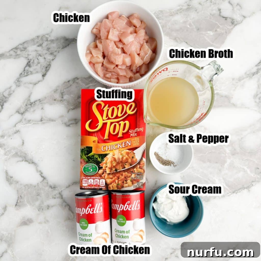 Quick Chicken and Stuffing Casserole 3 Bowl of diced chicken, stuffing, broth, cans of cream of chicken and sour cream.