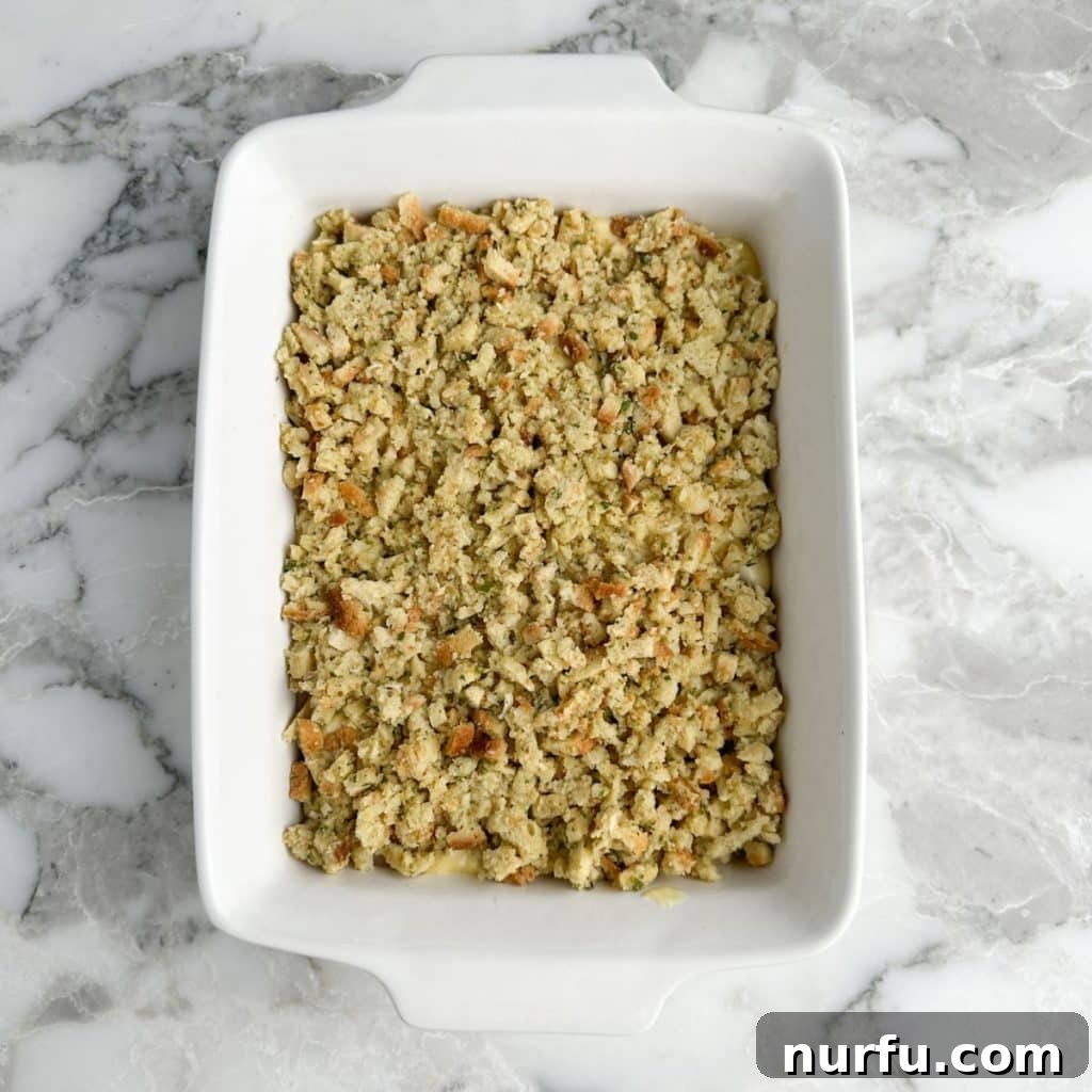 Quick Chicken and Stuffing Casserole 6 Casserole dish with stuffing.