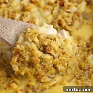 Wooden spoon with chicken and stuffing.
