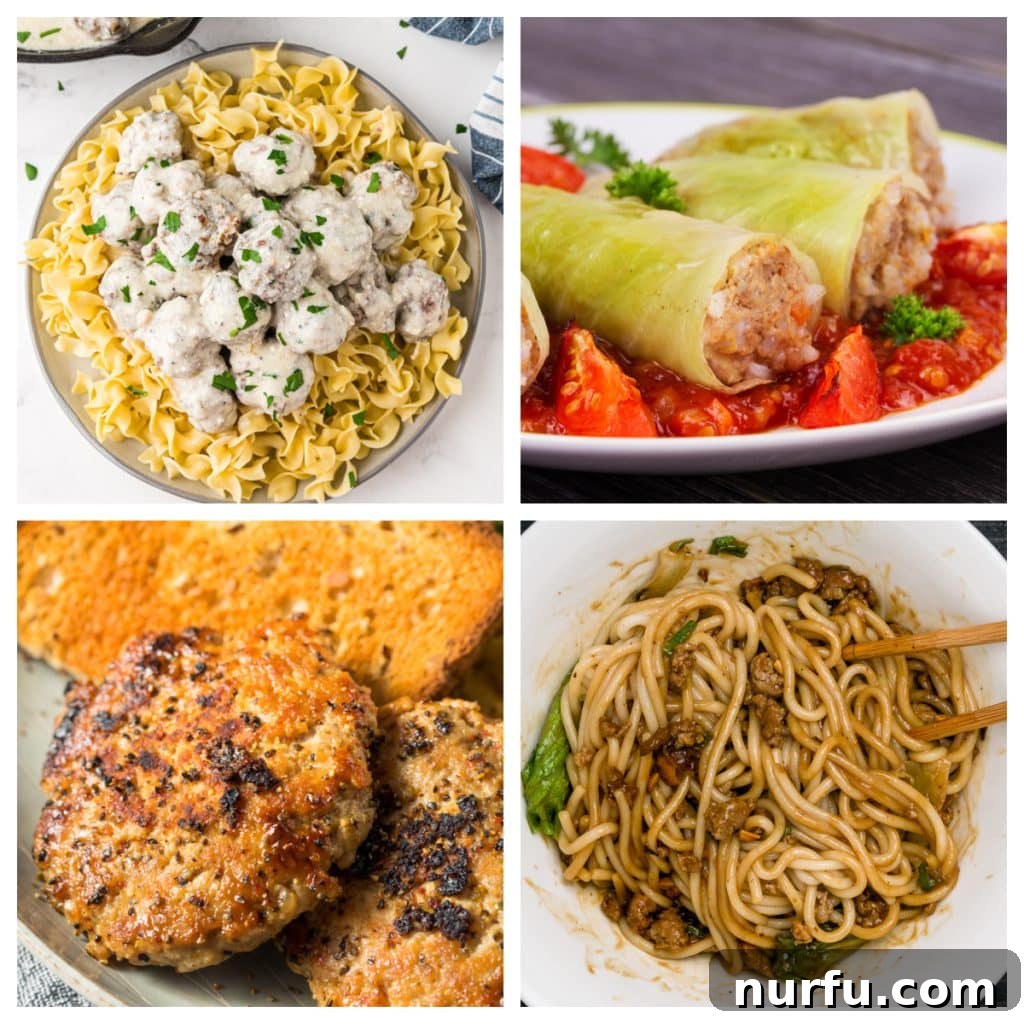 31 Delicious Ground Pork Dinners to Make Tonight 2 A collage featuring various delicious ground pork dishes: savory Swedish meatballs, classic cabbage rolls, homemade breakfast sausage patties, and spicy Dan Dan noodles.