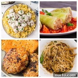 31 Delicious Ground Pork Dinners to Make Tonight 3 A collage of ground pork dishes including Swedish meatballs, cabbage rolls, breakfast sausage, and Dan Dan noodles.