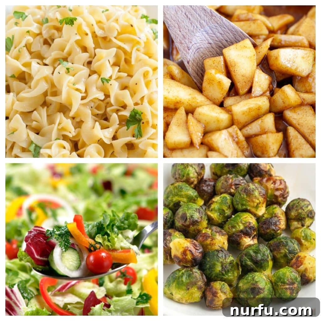 Beyond the Noodle 25 Creative Sides for Beef Stroganoff 2 A delicious group of side dishes for beef stroganoff, including egg noodles, fried apples, salad, and brussels sprouts.