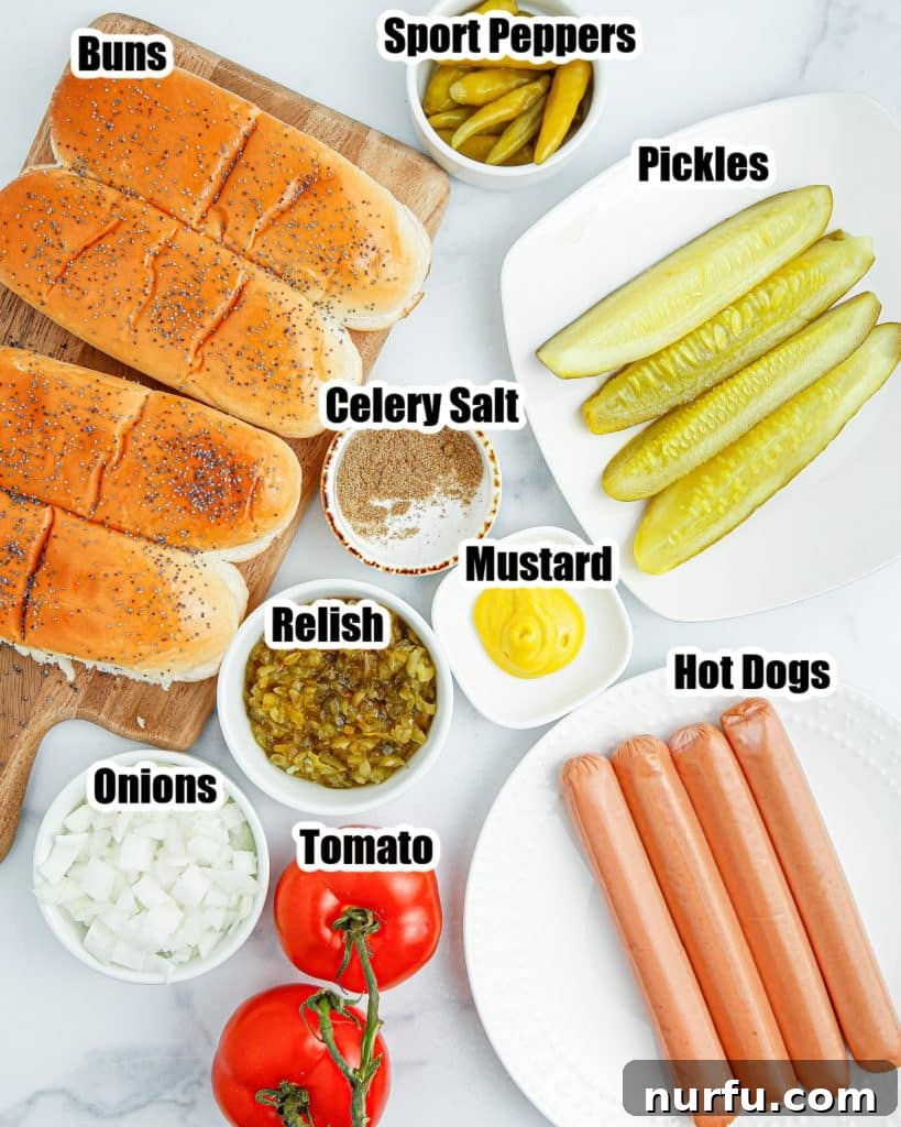 Mastering the Authentic Chicago Hot Dog 3 A vibrant array of Chicago style hot dog ingredients laid out: hot dog buns, franks, bowls of diced onions, neon relish, dill pickles, and sport peppers, ready for assembly.