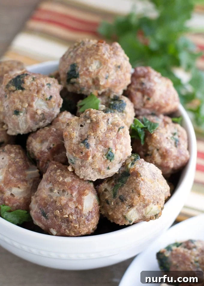 Delicious and healthy Turkey Quinoa Spinach Meatballs served in a bowl, ready to be enjoyed as a main course or appetizer.