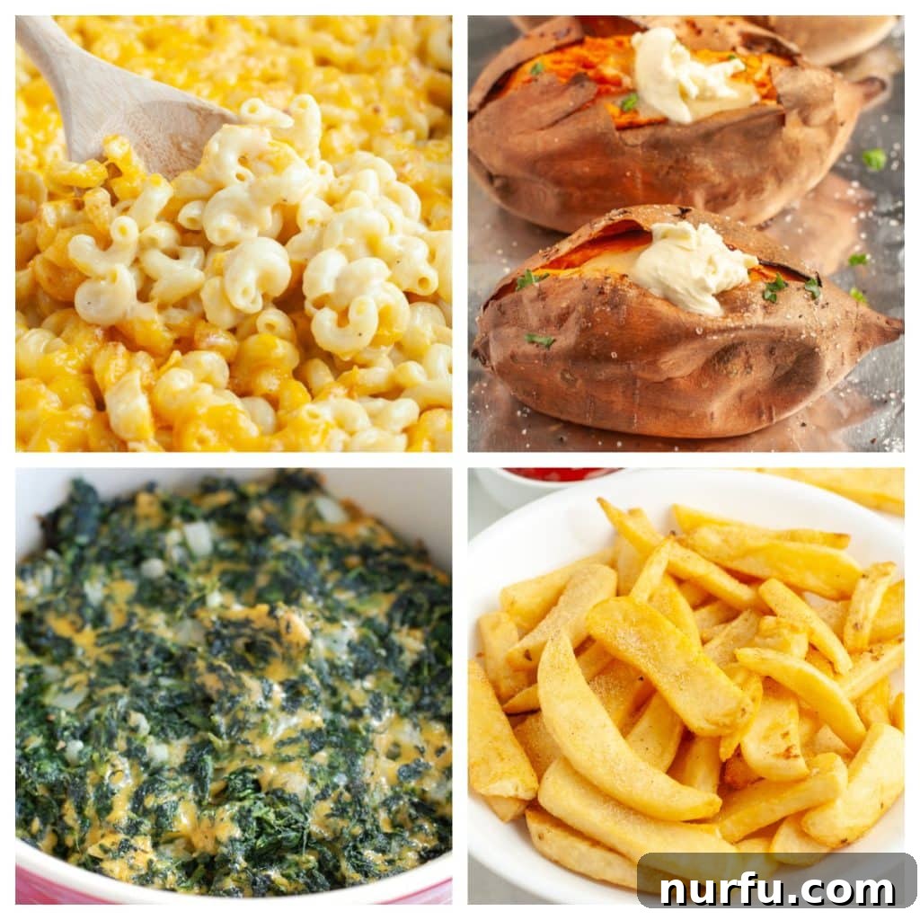 31 Ultimate Side Dishes for Steak 2 A vibrant selection of steak side dishes: creamy macaroni and cheese, golden sweet potatoes, savory spinach casserole, and crispy steak fries, all ready to accompany a succulent steak.