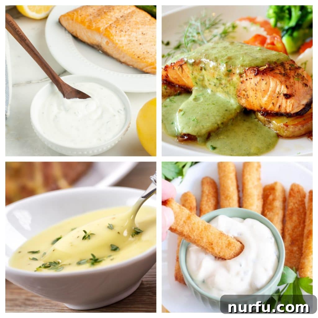 Beyond Lemon: 14 Irresistible Sauces for Salmon 2 A vibrant collection of sauces perfectly paired with salmon, featuring creamy dill sauce, zesty green sauce, rich hollandaise, and classic tartar sauce.