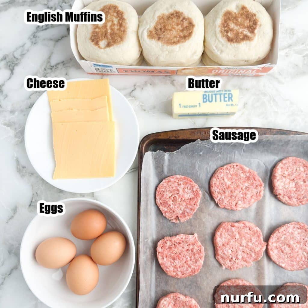 The Ultimate Homemade Breakfast Sausage Muffin 3 Individual ingredients for a copycat McDonald's Sausage Egg McMuffin laid out: sausage patties, English muffins, eggs, and cheese slices.