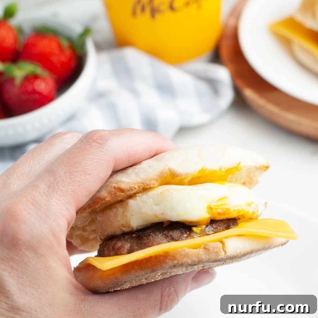 The Ultimate Homemade Breakfast Sausage Muffin 7 A hand holding a freshly made, delicious homemade Sausage English Muffin, showcasing the layers of egg, sausage, and melted cheese.
