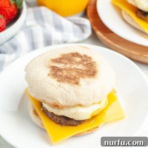 English muffin with sausage and cheese sandwich.
