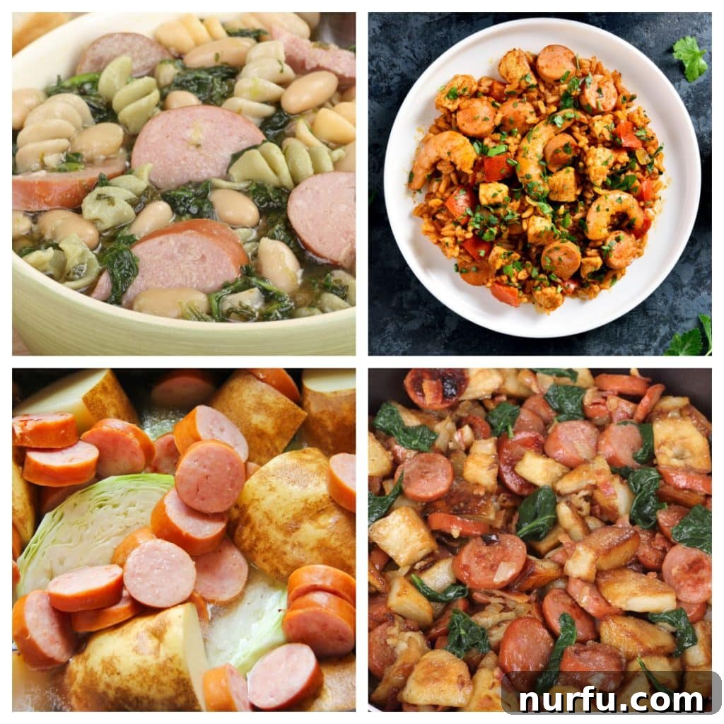 18 Savory Turkey Kielbasa Inspirations 2 A vibrant selection of turkey kielbasa dishes, including a comforting soup, a hearty cabbage stir-fry, and a savory sausage medley.