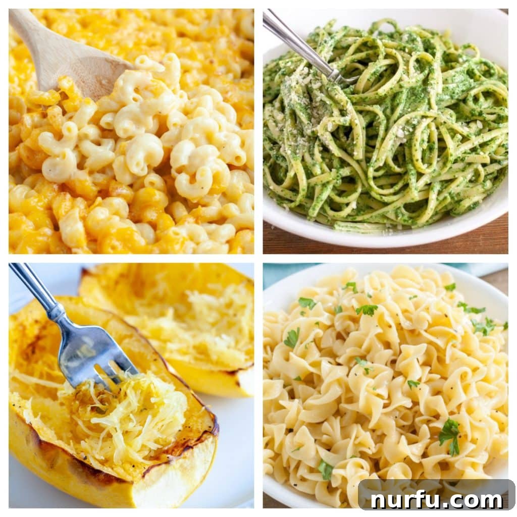 Beyond Pasta: 31 Creative Sides for Meatballs 2 A vibrant selection of meatball side dishes including macaroni and cheese, green pasta, spaghetti squash, and egg noodles.