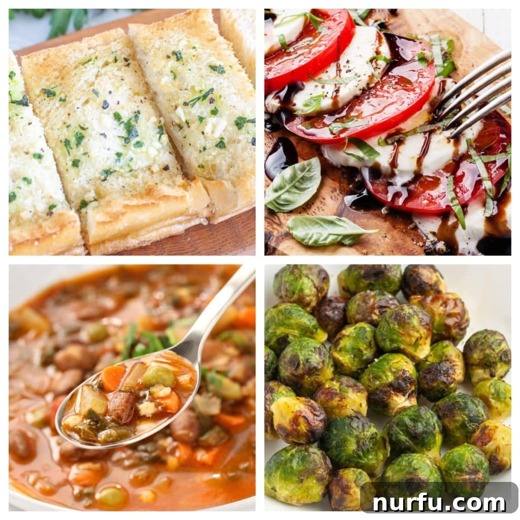 31 Effortless Sides to Complete Your Lasagna Meal 2 Garlic bread, caprese salad, minestrone, and brussels sprouts.