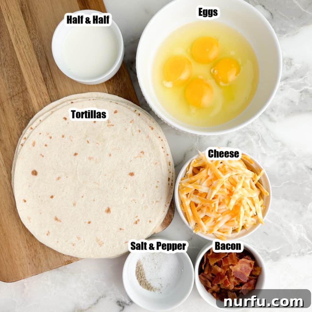 Your Own Taco Bell Style Breakfast Quesadilla 3 Bowl of eggs, cheese, bacon, and tortillas, ready for assembly.