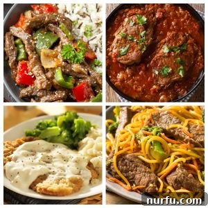 16 Irresistible Round Steak Creations 3 Close-up of tender slow cooker round steak and gravy, ready to be served.