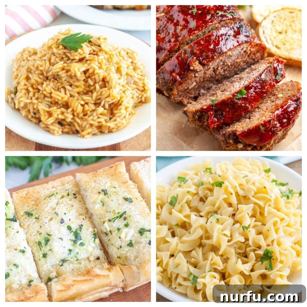 20 Perfect Sides for Your Ratatouille 2 A selection of side dishes for Ratatouille including rice, meatloaf, garlic bread, and egg noodles.