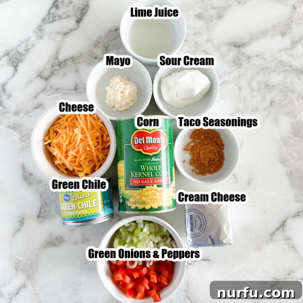 Velvety Cream Cheese Corn Dip 3 Bowl showing a mix of cheese, mayonnaise, sour cream, seasonings, vegetables, and corn before mixing.
