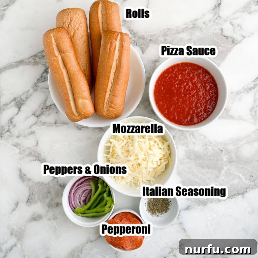 Ultimate Pizza Sub Melts 3 A colorful array of pizza sub ingredients laid out on a table: fresh sub rolls, a bowl of rich pizza sauce, a mound of shredded mozzarella cheese, vibrant bell peppers, sliced red onions, and zesty pepperoni slices. The visual highlights the fresh components ready for assembly.