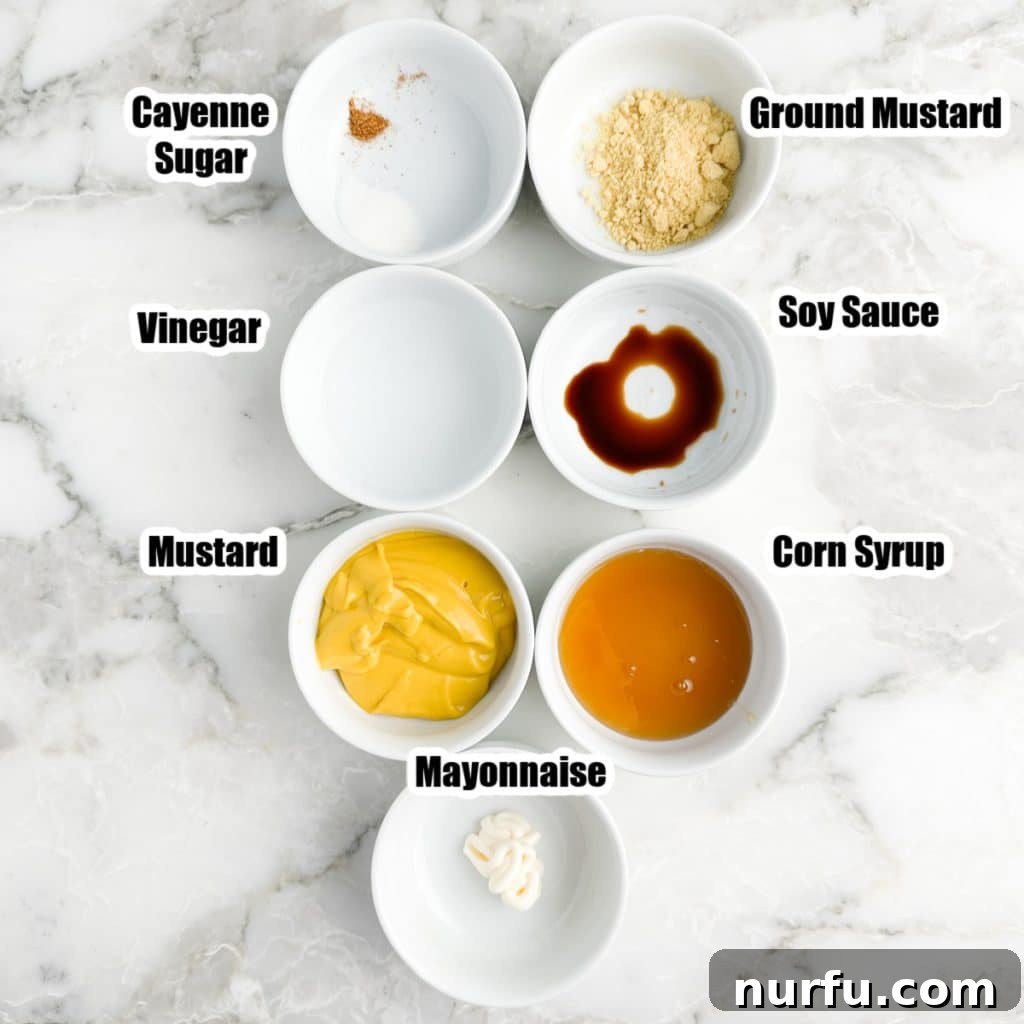 McDonald's Hot Mustard Sauce Copycat Recipe 3 Small bowls containing individual ingredients: sugar, ground mustard, white vinegar, soy sauce, dark corn syrup, and mayonnaise, ready for making the hot mustard sauce.