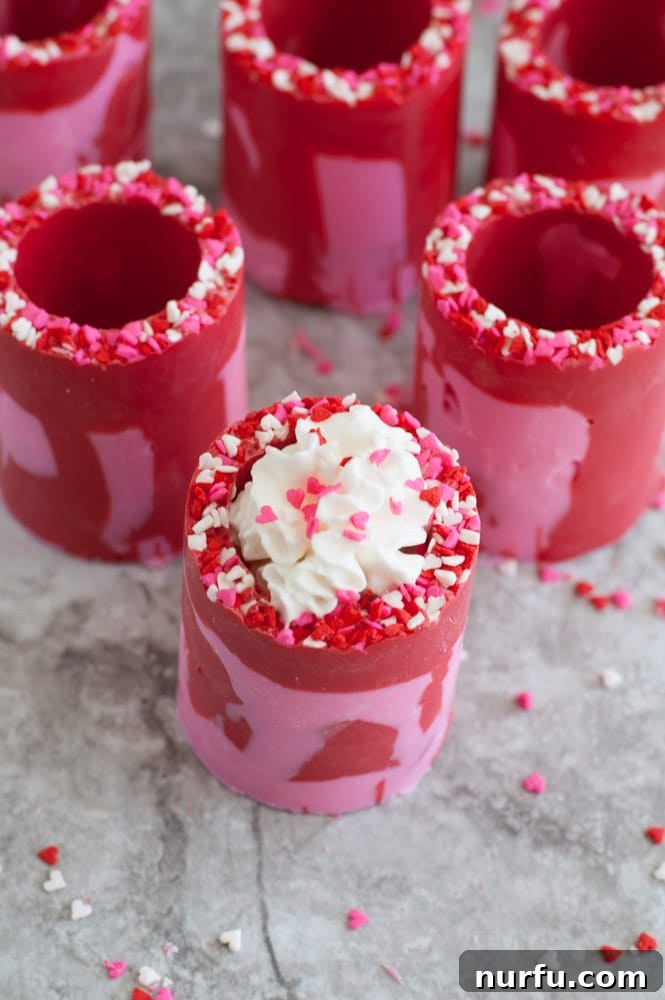 Valentine's Day Chocolate Shot Glasses 4 Valentine's Day Chocolate Candy Shot Glasses with red and pink candy melts and sprinkles