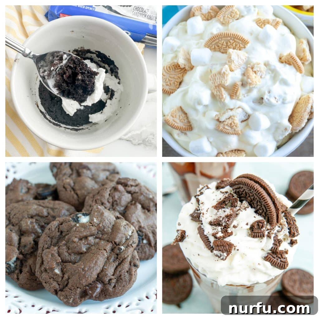 A collage of delicious Oreo desserts, including an Oreo mug cake, Oreo dip, classic Oreo cookies, and a creamy Oreo milkshake.