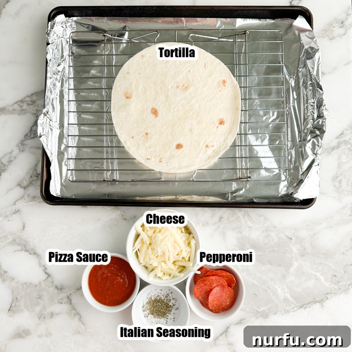 Effortless Tortilla Pizza 3 An overhead view of a tortilla on a baking pan, surrounded by small bowls of vibrant pizza sauce, shredded cheese, and savory pepperoni slices, showcasing the fresh ingredients for homemade tortilla pizza.