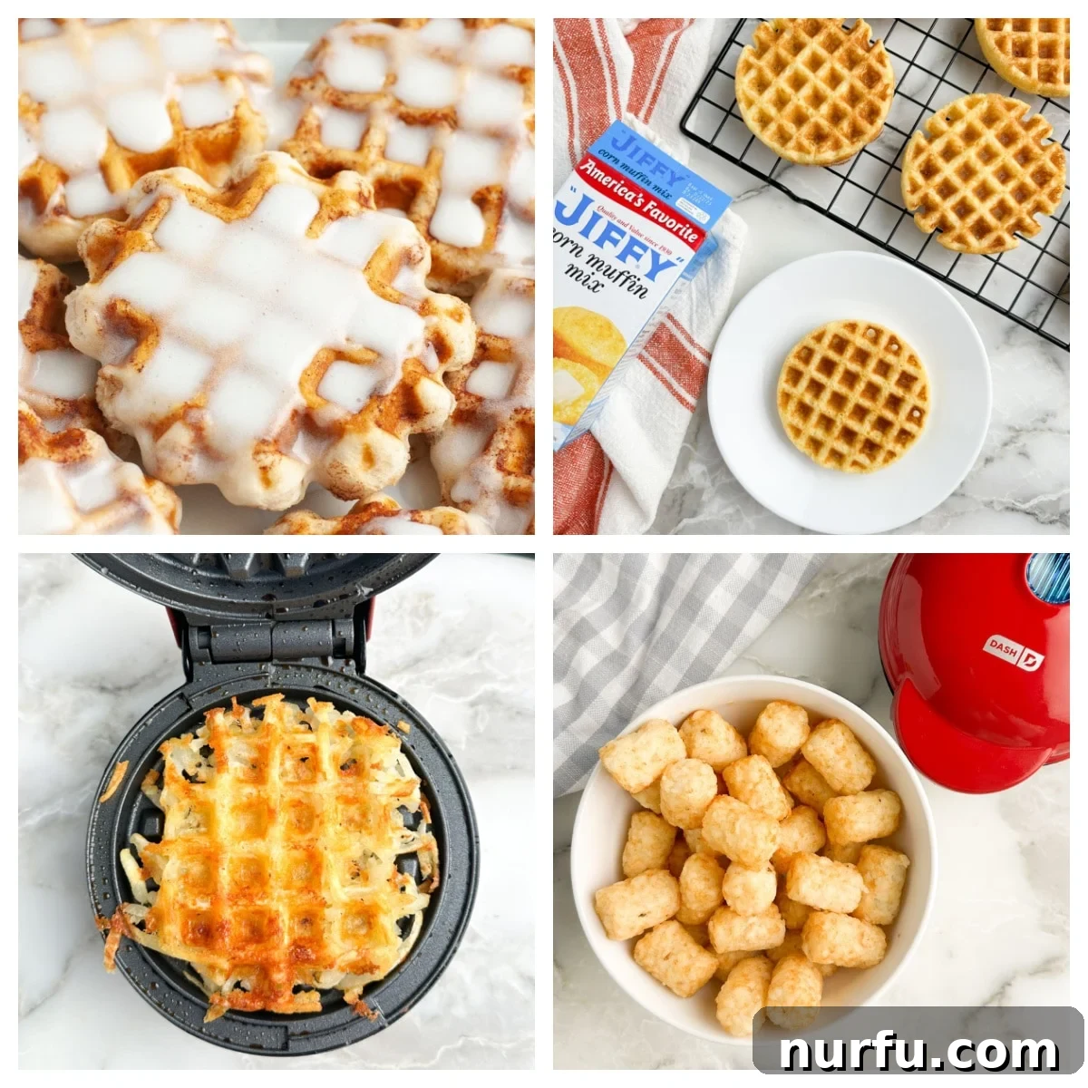 30 Must Make Mini Waffle Maker Recipes 2 Cinnamon roll waffle, cornbread waffle, tater tot waffle displayed as examples of diverse mini waffle maker recipes.