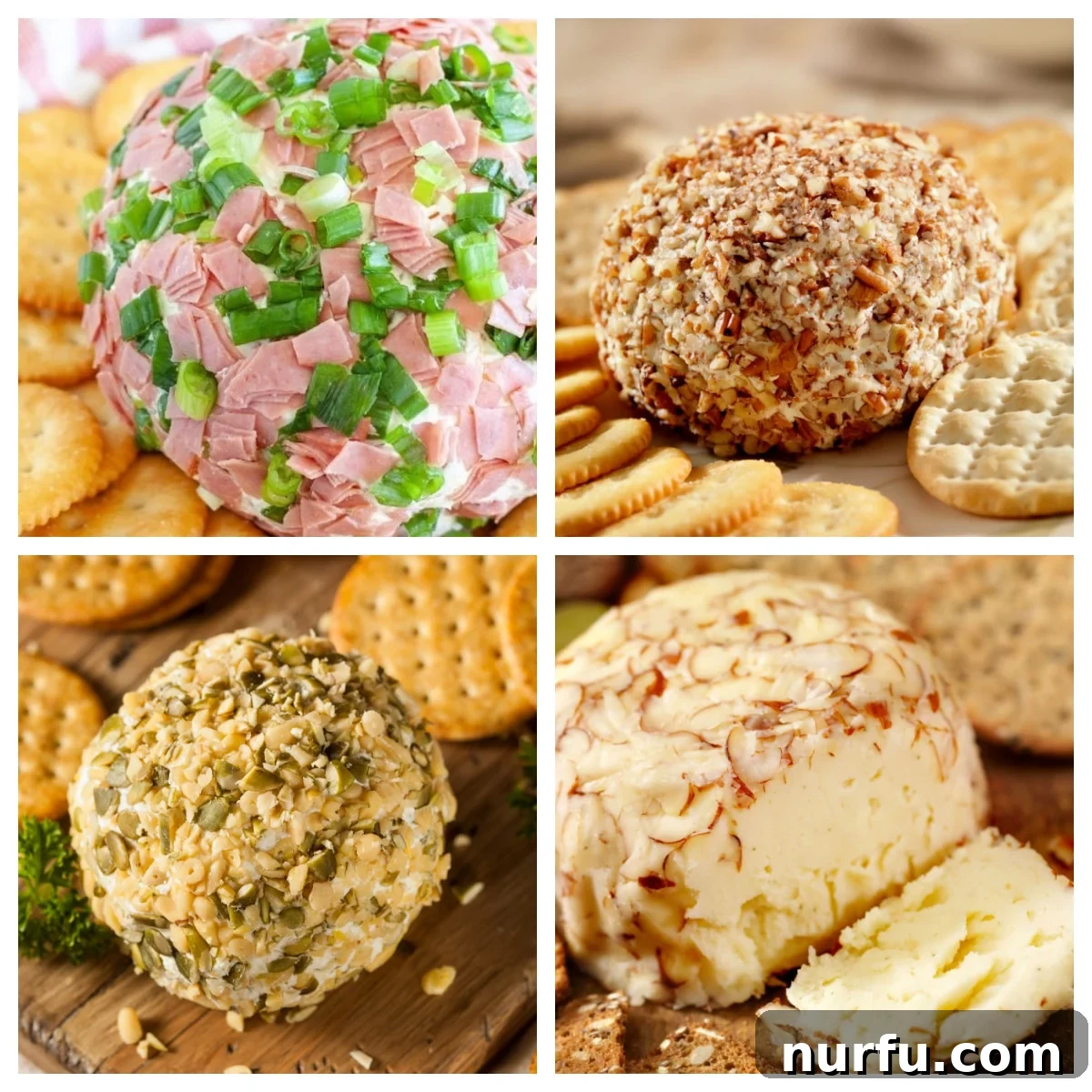 31 Crowd-Pleasing Cheese Ball Creations 2 Four different cheese balls and crackers.