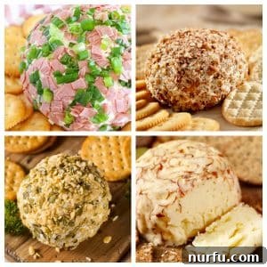 31 Crowd-Pleasing Cheese Ball Creations 3 Four different cheese balls and crackers.