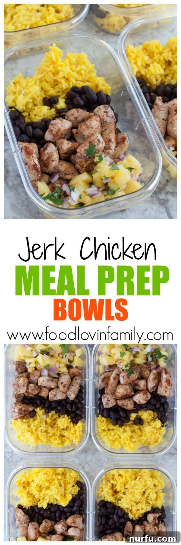 Tropical Jerk Chicken Weekly Bowls 3 Jerk Chicken Meal Prep Bowls for Pinterest sharing.