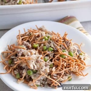 Beef and rice casserole with crunchy noodles on plate.