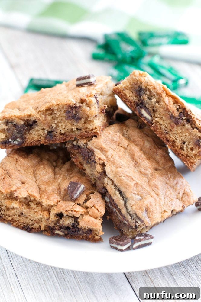 Soft Batch Andes Mint Cookie Bars Andes Mint Cookie Bars arranged neatly on a serving plate
