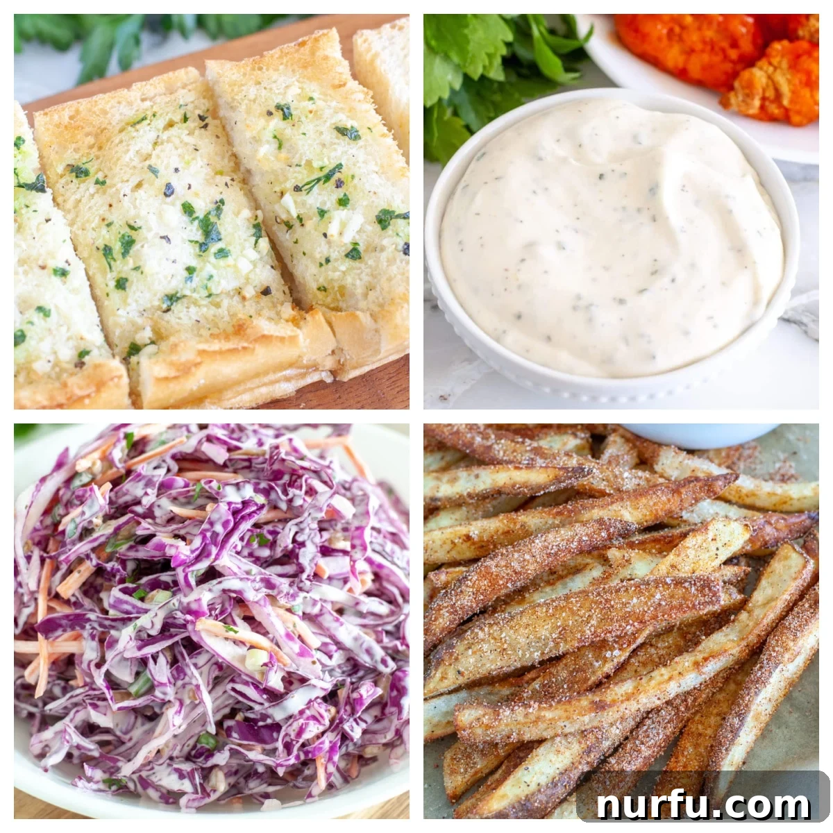 36 Delicious Side Dishes to Perfectly Pair With Pizza 2 A vibrant platter showcasing an assortment of delicious pizza side dishes including golden garlic bread, creamy ranch dip, crunchy coleslaw, and crispy french fries, ready to be enjoyed during a pizza night.