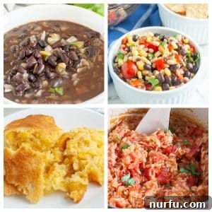 Black beans, corn salad, corn pudding, mexican rice.