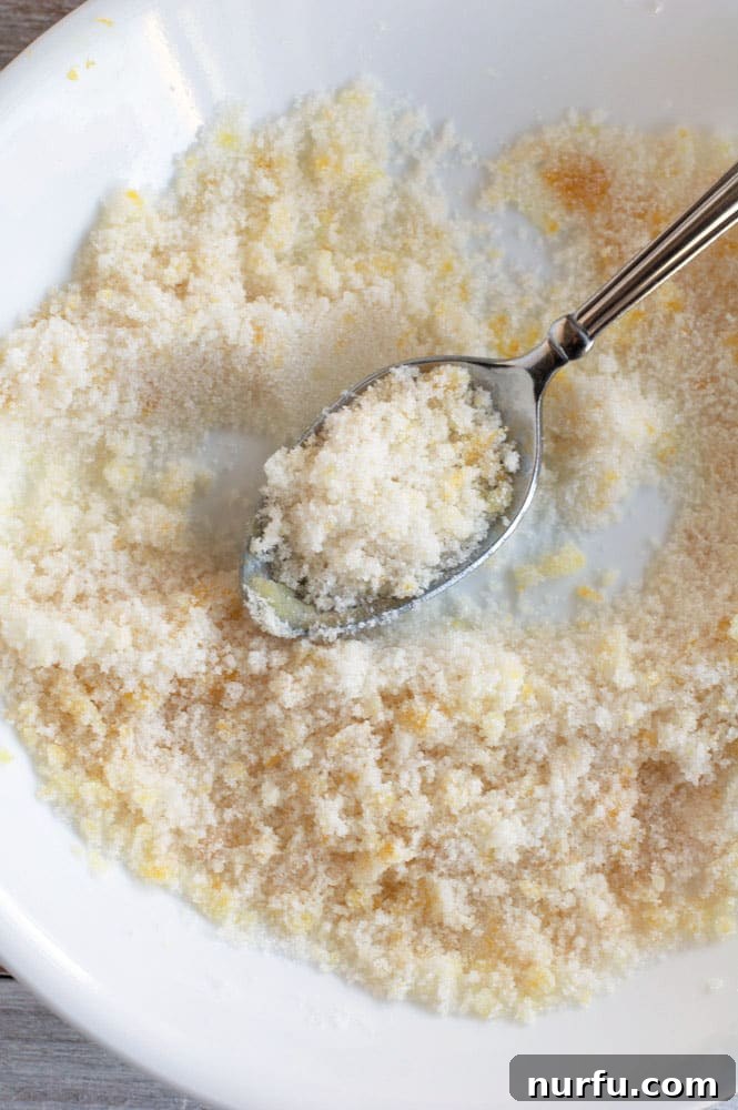 Lemon Pull Apart Bread sugar, vanilla and lemon zest in a bowl