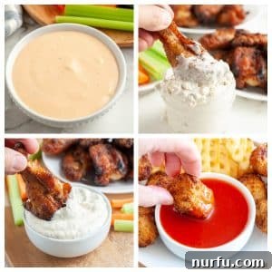 Bowl of cream sauces with chicken wings.