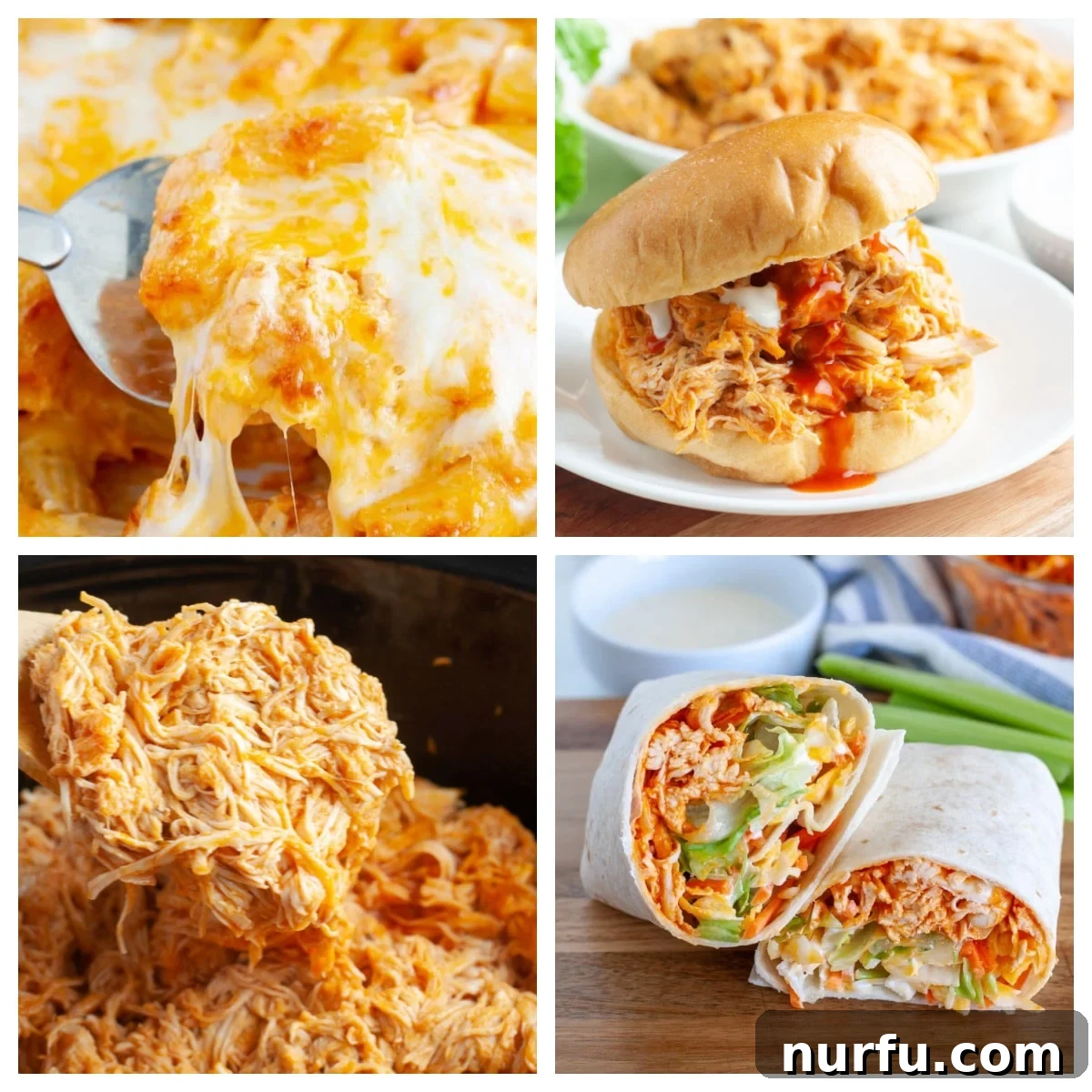 31 Irresistible Buffalo Chicken Recipes 2 A collage of various buffalo chicken dishes including pasta bake, chicken sandwich, shredded chicken, and chicken wrap.