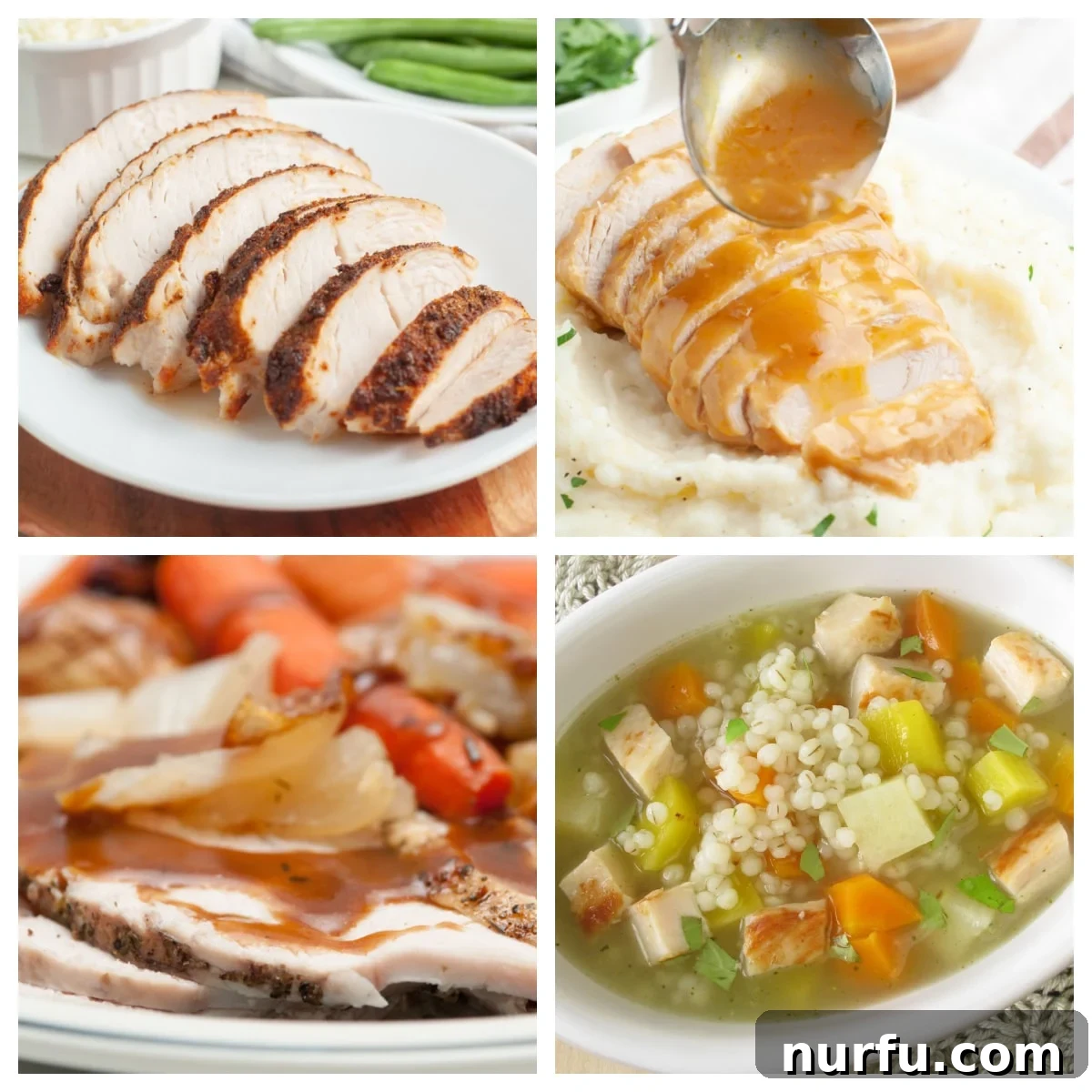 27 Irresistible Turkey Tenderloin Dinners 2 Sliced turkey on a plate, bowl of turkey soup.